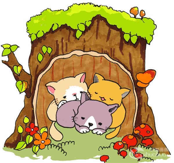 卡通树洞里的猫咪的绘画步骤