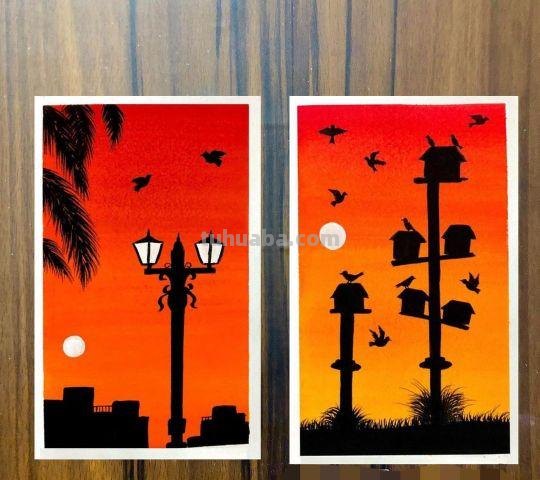 最美夕阳下的风景｜一辈子只画剪影水粉画，一样出彩