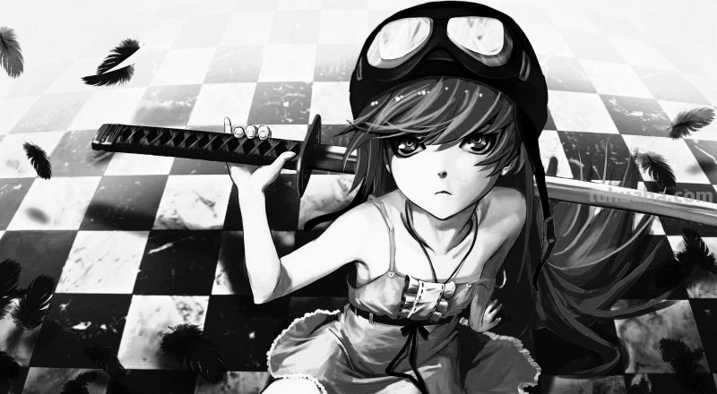 求这张壁纸的全黑白高清图,不要有彩色的,谢谢! 人物:动漫《化物语》小忍...