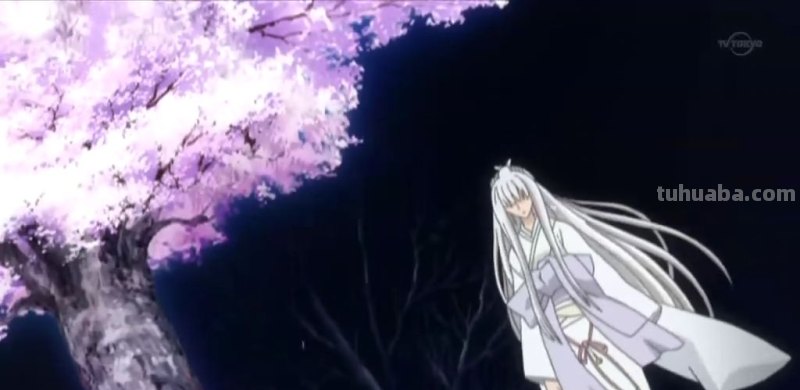 在樱花下的白色头发,穿白色和服的动漫少女的图片?(有白色眼睛的就更好...