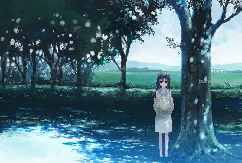 找一幅图片:有蓝天白云还有草地,还有一个穿白色裙子的小女孩,戴着草帽...