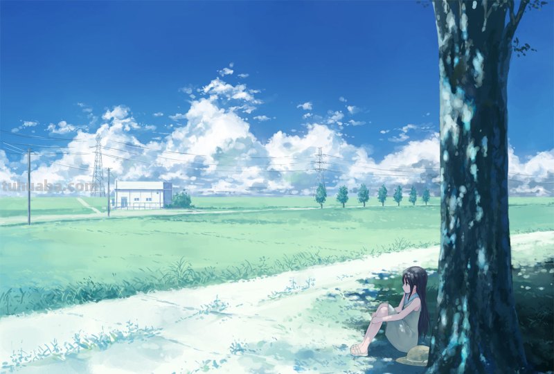 找一幅图片:有蓝天白云还有草地,还有一个穿白色裙子的小女孩,戴着草帽...