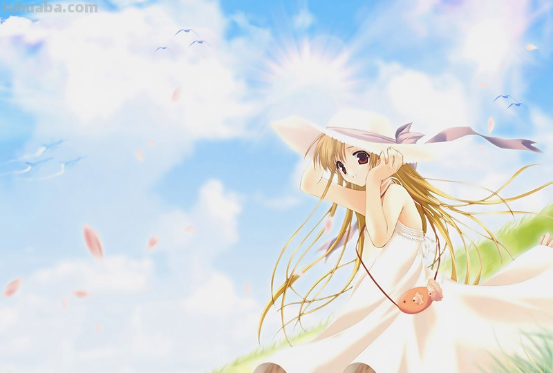 找一幅图片:有蓝天白云还有草地,还有一个穿白色裙子的小女孩,戴着草帽...