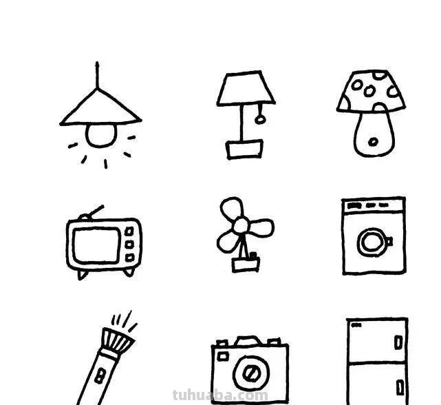 各类日用品的简笔画，简单有趣，可以留着教孩子画，手帐必备素材