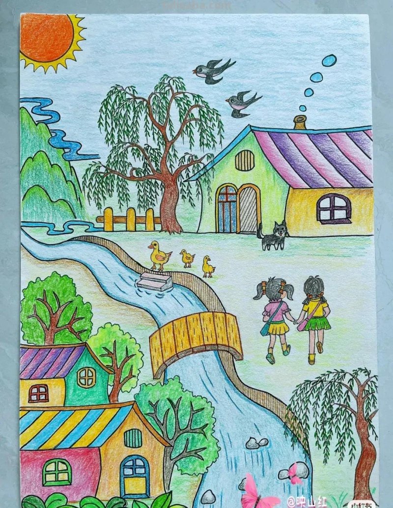 适合8—15岁好看好学的彩铅风景画，喜欢的可以收藏临摹
