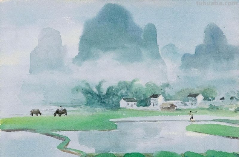 水彩画里的中国山水风光