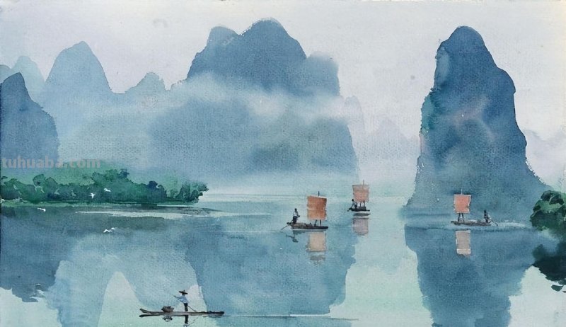 水彩画里的中国山水风光