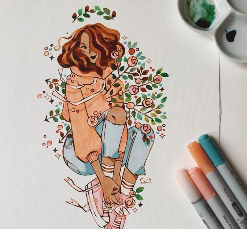 水彩插画：50张书籍人物插图，满足少女心的你，临摹的好素材