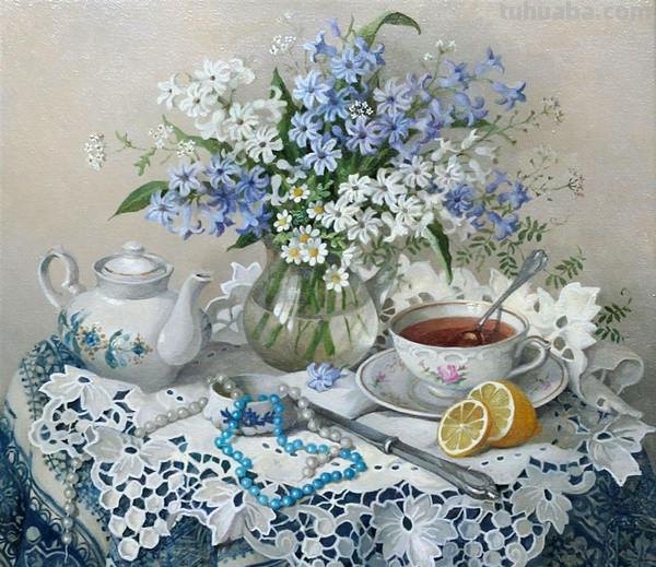 雅致有情调的一组花卉静物油画