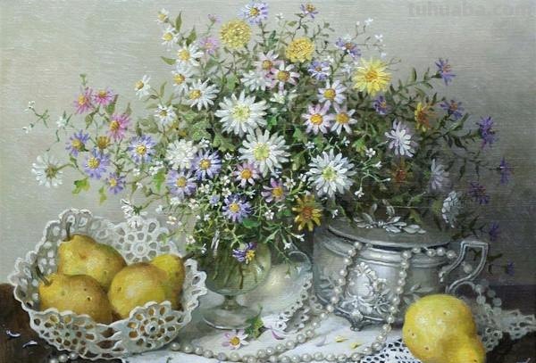 雅致有情调的一组花卉静物油画