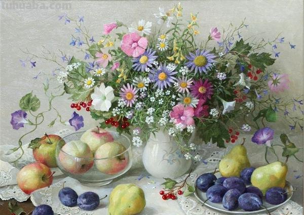 雅致有情调的一组花卉静物油画
