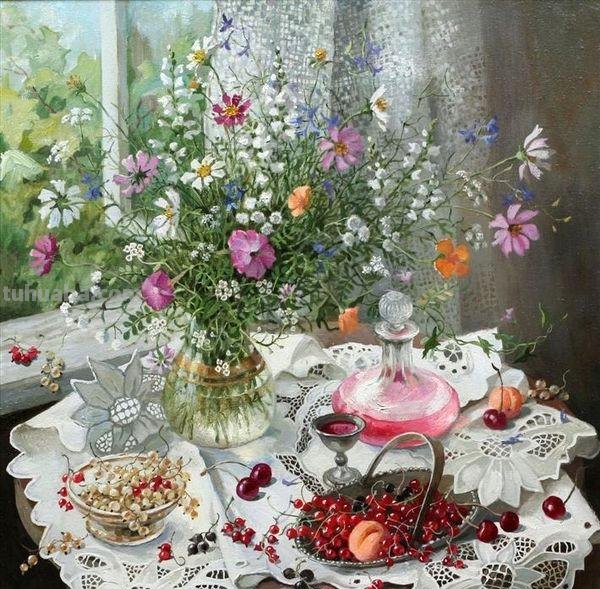 雅致有情调的一组花卉静物油画