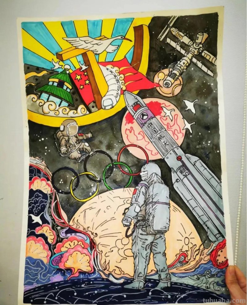 46张爱国，航天科技主题绘画大赛一二三等奖绘画素材，收藏！