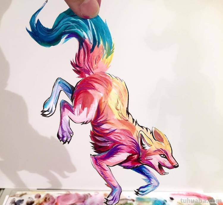 充满灵气的水彩动物插画：写实的外观，彩虹般梦幻又大胆的色彩