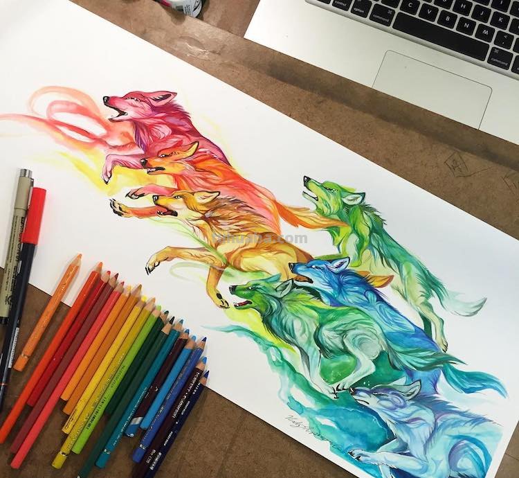 充满灵气的水彩动物插画：写实的外观，彩虹般梦幻又大胆的色彩
