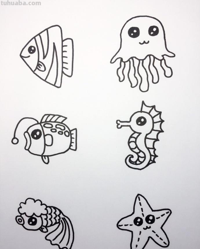 大海和海里动物们的简笔画~
