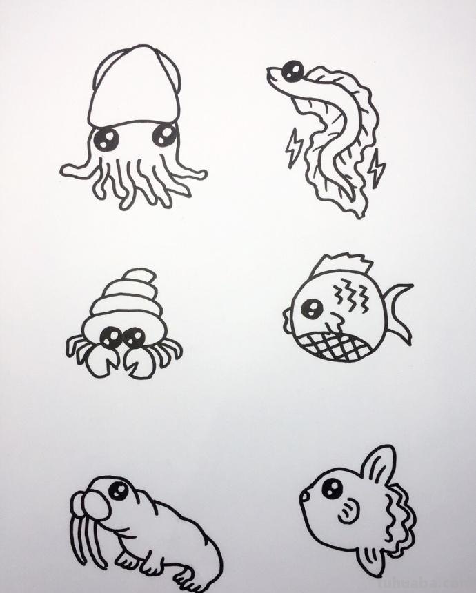 大海和海里动物们的简笔画~