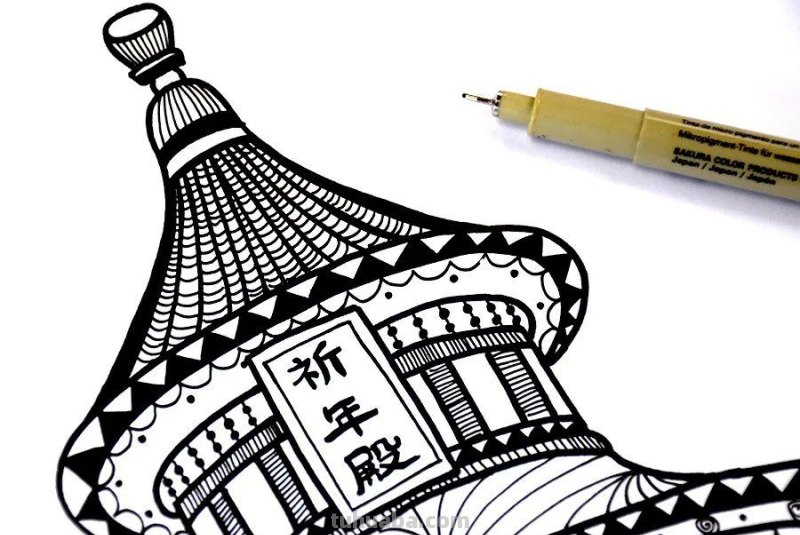 儿童画教程｜中国传统建筑艺术-创意线描画祈年殿