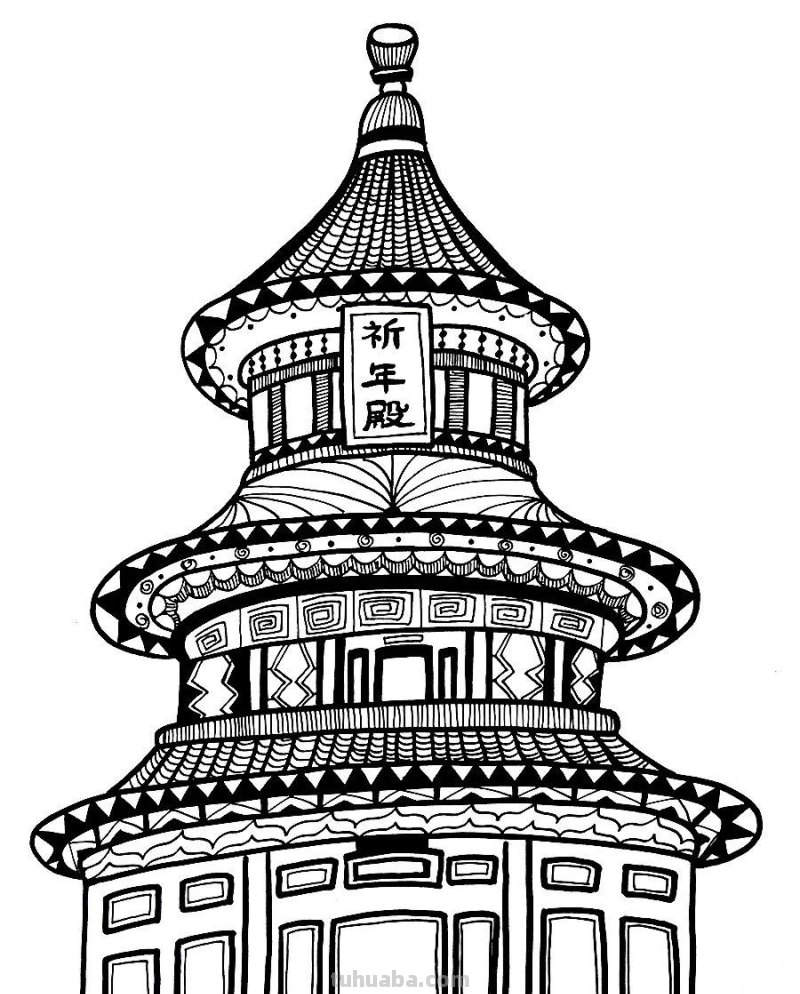 儿童画教程｜中国传统建筑艺术-创意线描画祈年殿