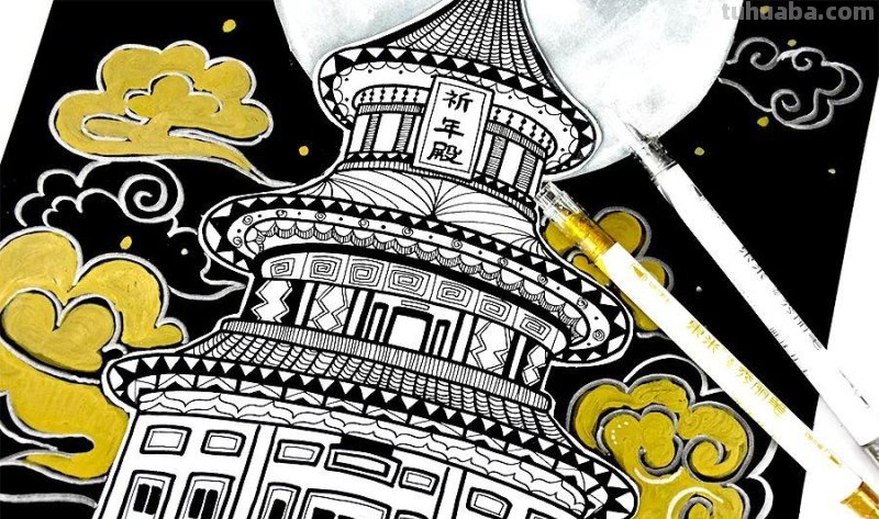 儿童画教程｜中国传统建筑艺术-创意线描画祈年殿