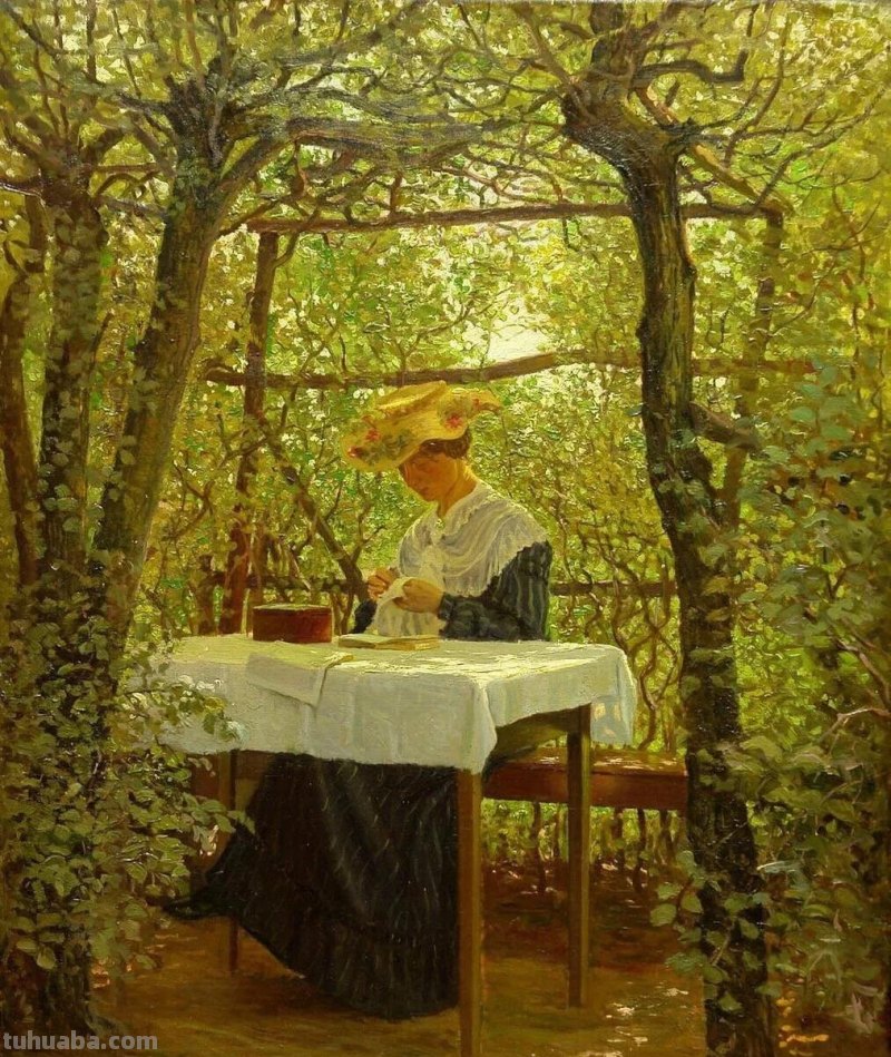 窗前的女子-丹麦画家卡尔·哈拉尔德·怡情生活油画作品欣赏