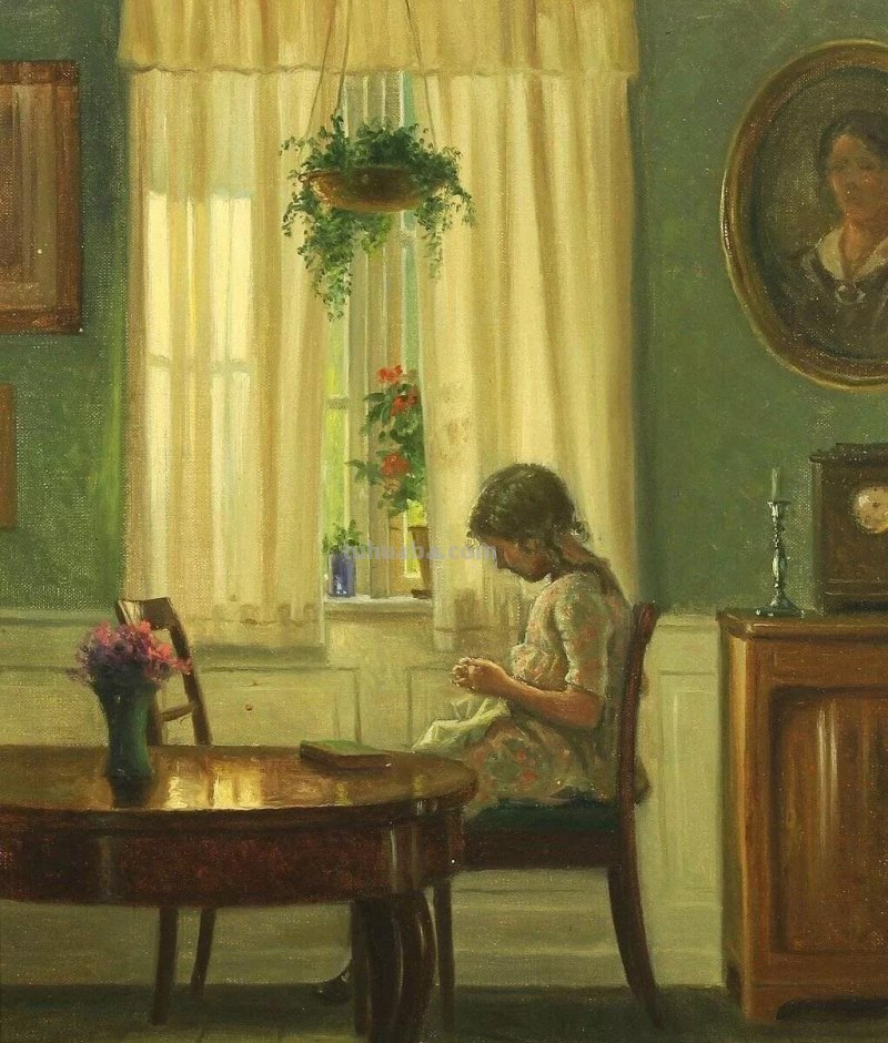 窗前的女子-丹麦画家卡尔·哈拉尔德·怡情生活油画作品欣赏