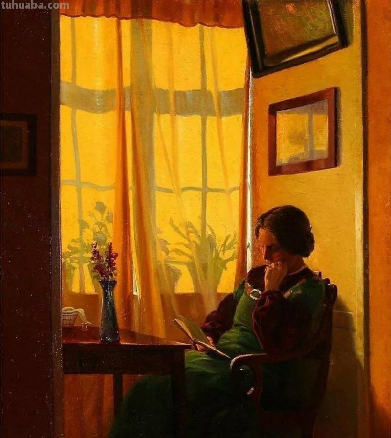 窗前的女子-丹麦画家卡尔·哈拉尔德·怡情生活油画作品欣赏