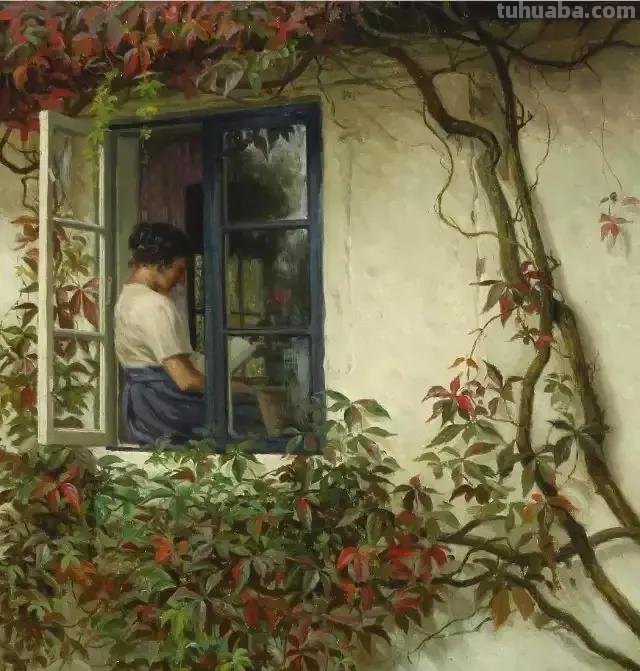窗前的女子-丹麦画家卡尔·哈拉尔德·怡情生活油画作品欣赏