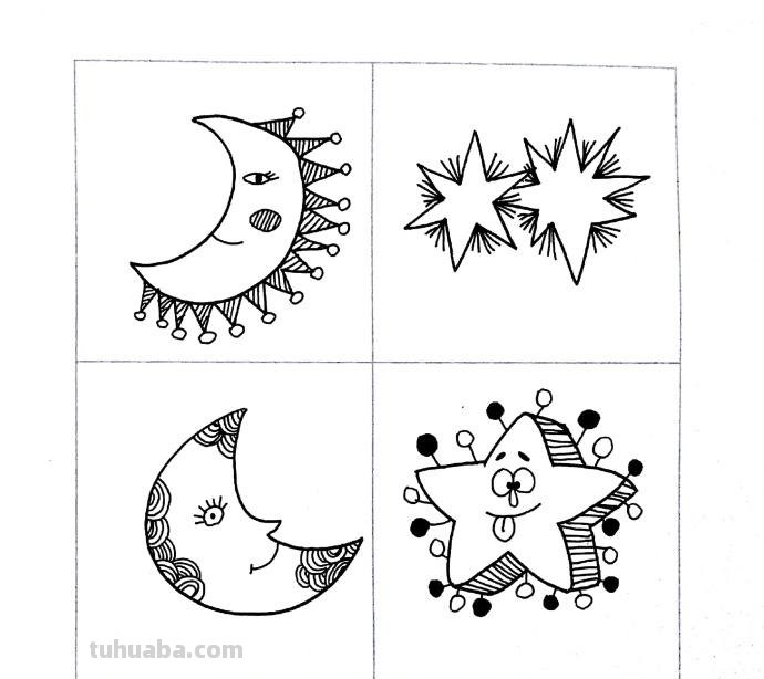 太阳、月亮和鱼儿黑白简笔画，手帐素材！