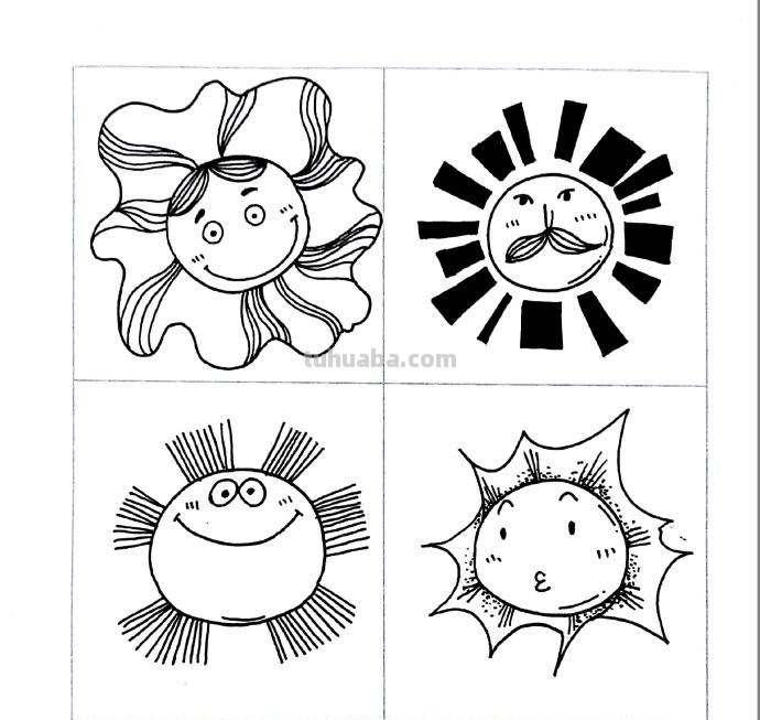 太阳、月亮和鱼儿黑白简笔画，手帐素材！