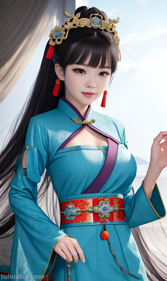 AI绘画国风美女青蓝色服饰第1组，可作为现代汉服设计的思路哦