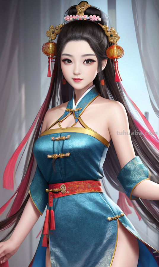 AI绘画国风美女青蓝色服饰第1组，可作为现代汉服设计的思路哦