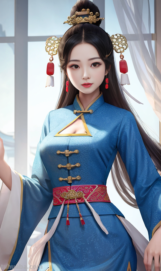 AI绘画国风美女青蓝色服饰第1组，可作为现代汉服设计的思路哦