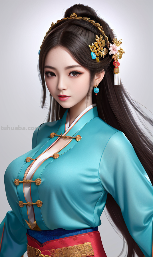 AI绘画国风美女青蓝色服饰第1组，可作为现代汉服设计的思路哦