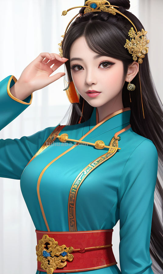 AI绘画国风美女青蓝色服饰第1组，可作为现代汉服设计的思路哦