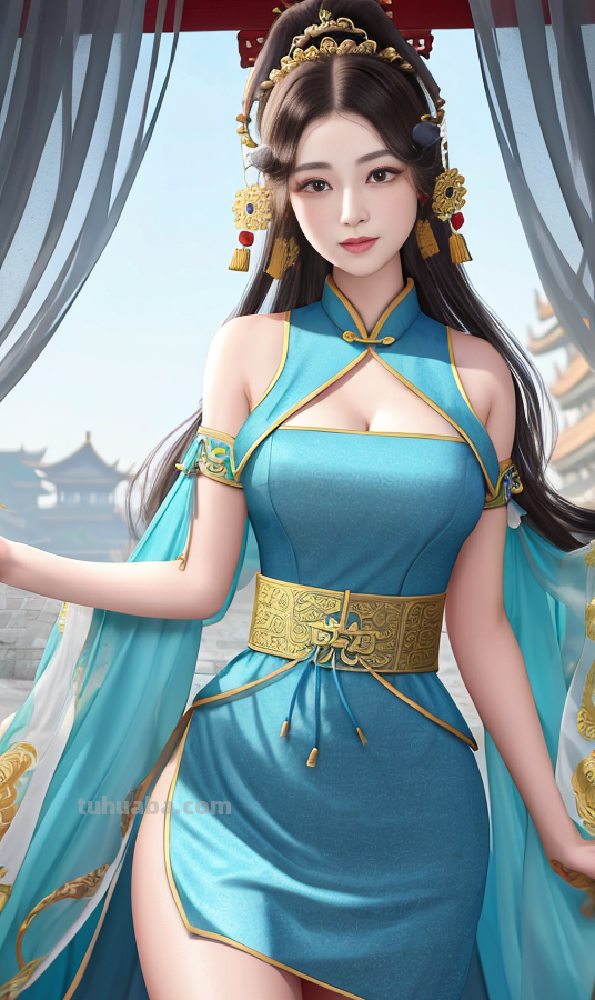 AI绘画国风美女青蓝色服饰第1组，可作为现代汉服设计的思路哦