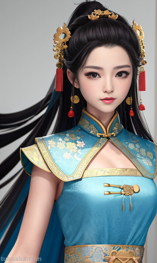 AI绘画国风美女青蓝色服饰第1组，可作为现代汉服设计的思路哦