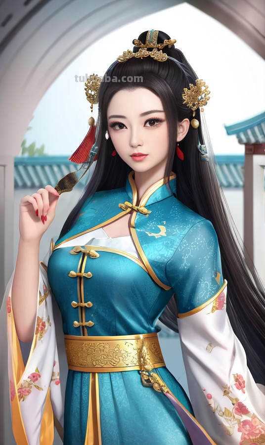 AI绘画国风美女青蓝色服饰第1组，可作为现代汉服设计的思路哦