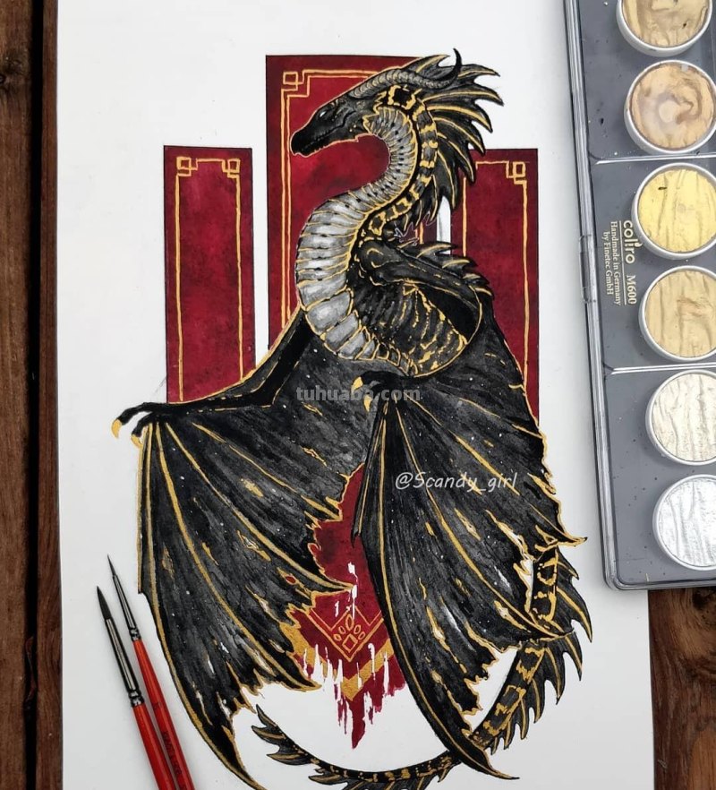 黑金色系动物水彩手绘插画，炫酷已不足形容，神秘又震撼