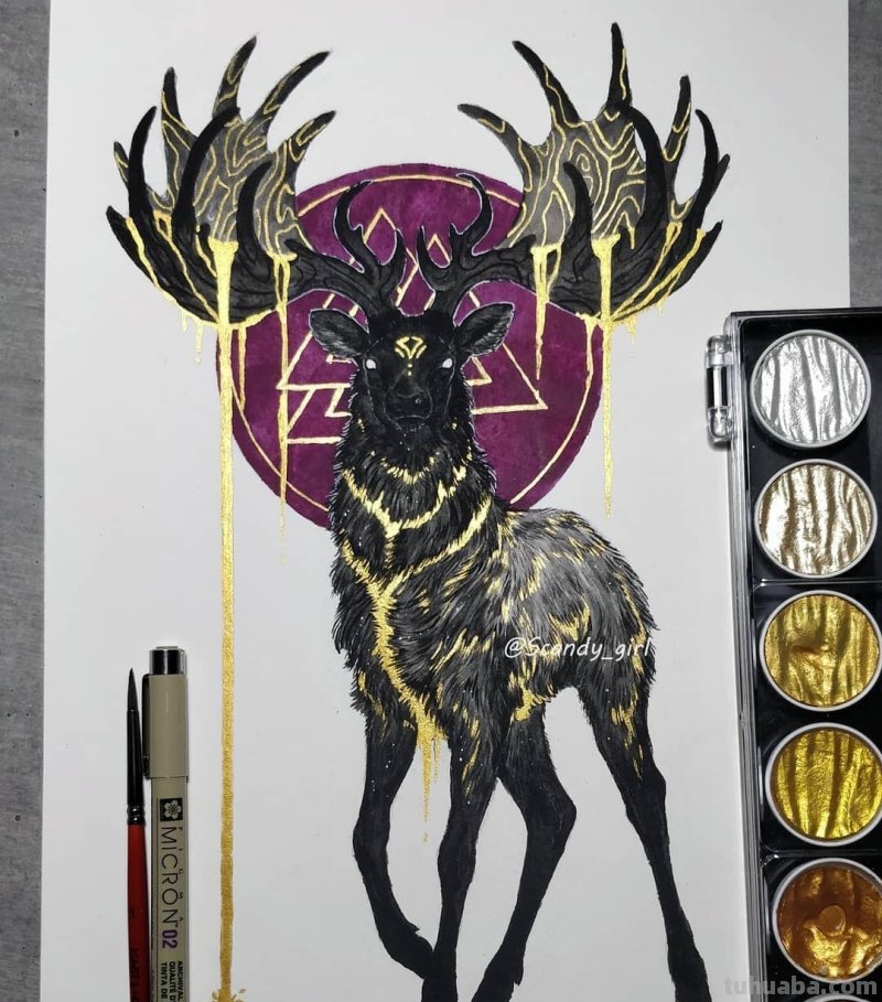 黑金色系动物水彩手绘插画，炫酷已不足形容，神秘又震撼