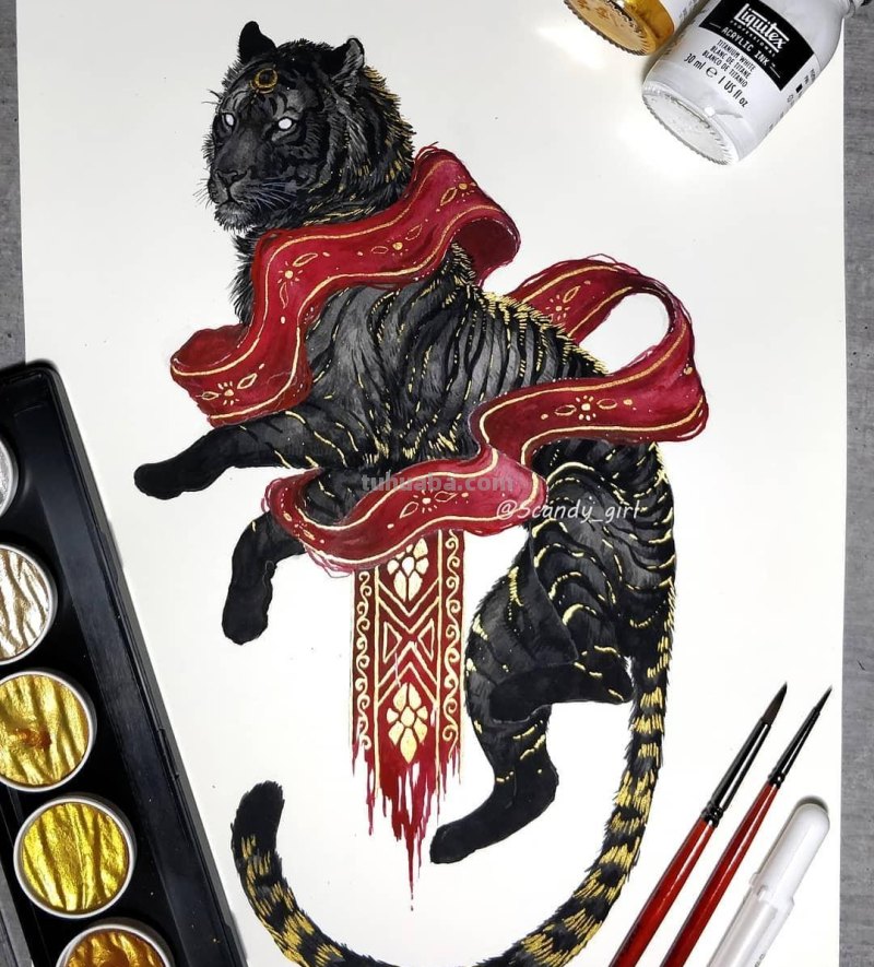 黑金色系动物水彩手绘插画，炫酷已不足形容，神秘又震撼