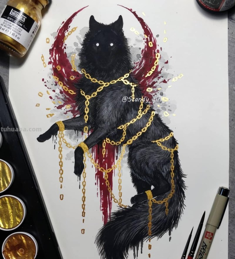 黑金色系动物水彩手绘插画，炫酷已不足形容，神秘又震撼