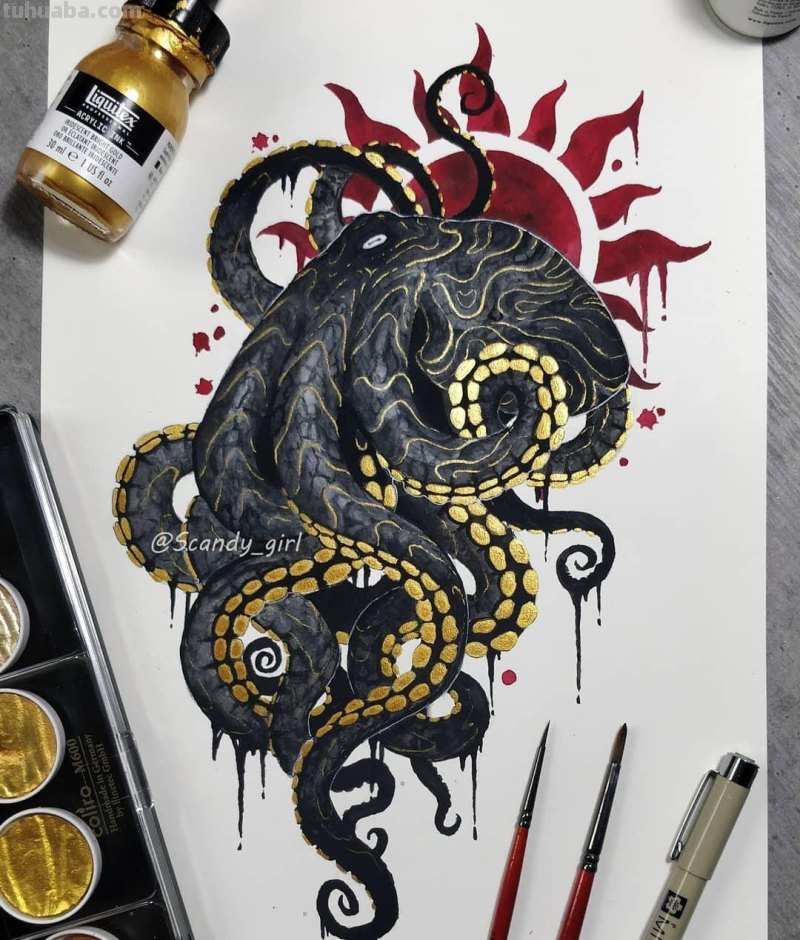 黑金色系动物水彩手绘插画，炫酷已不足形容，神秘又震撼
