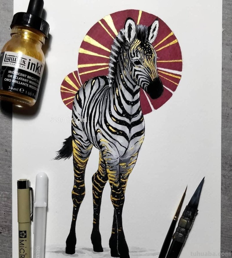 黑金色系动物水彩手绘插画，炫酷已不足形容，神秘又震撼