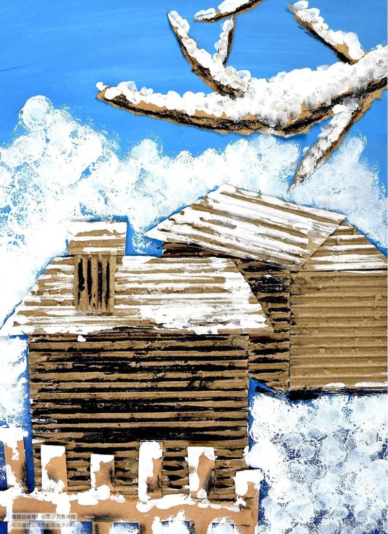 儿童画教程 - 综合创意与趣味肌理 - 寻梦雪乡之小木屋
