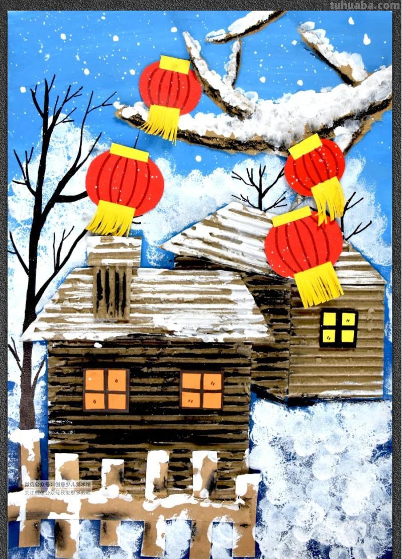 儿童画教程 - 综合创意与趣味肌理 - 寻梦雪乡之小木屋