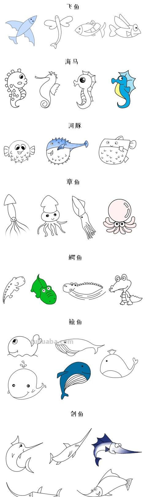 各种海洋生物及仙人掌简笔画集合！