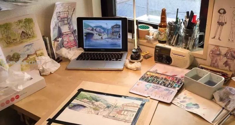 深入生活创作的艺术家，宫崎骏风格的水彩插画，干净清透饱含温度