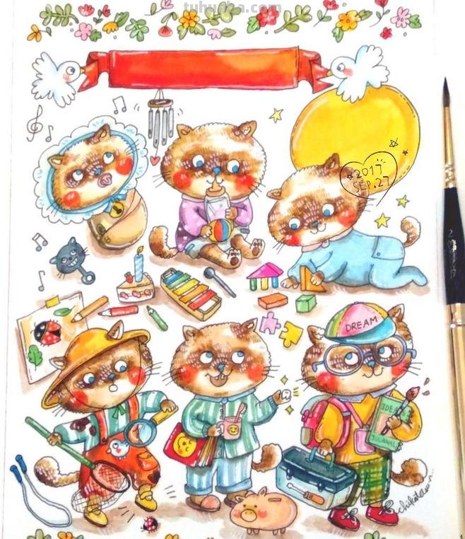 一组趣味又生动的水彩插画