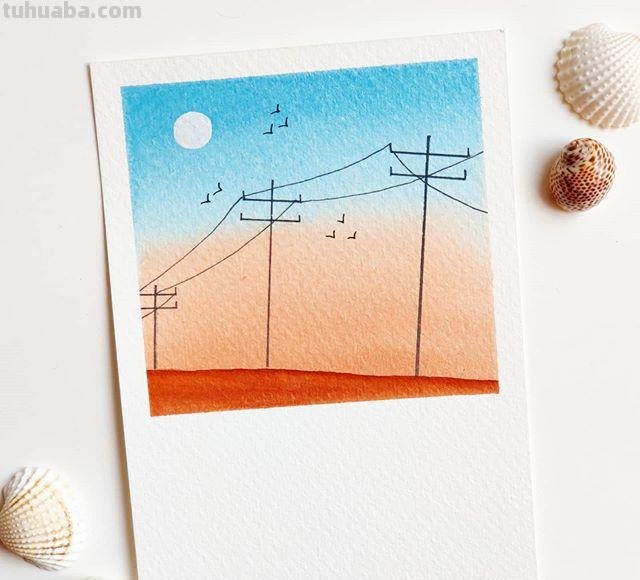 极简风格水彩插画：清新淡雅的色彩，寥寥几笔勾勒景观和心情